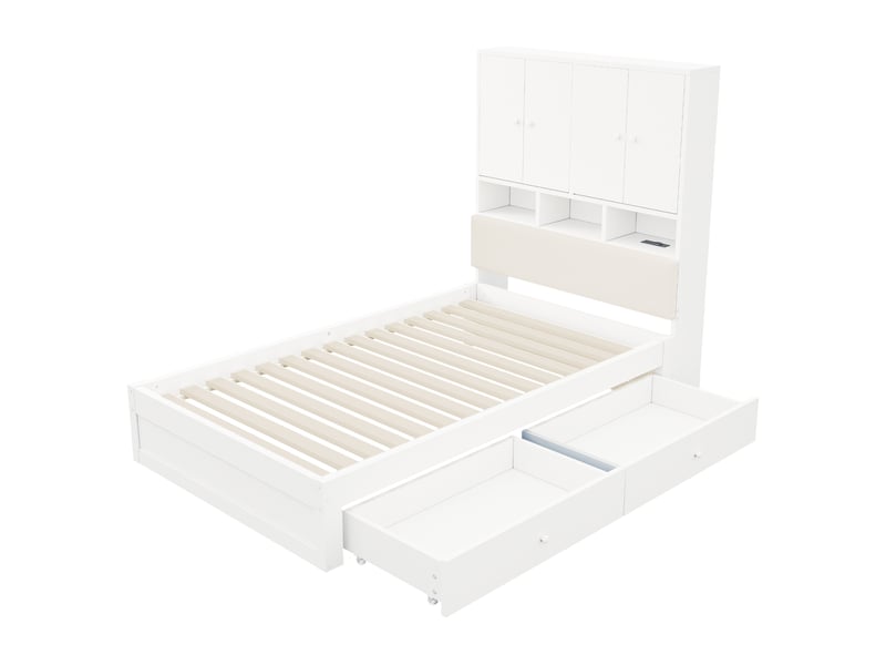  Lit simple 90×200 cm avec tête de lit, rangements, led, prise et tiroirs, blanc  - Conforama E