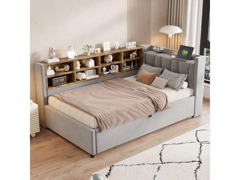  Canapé-lit 90*200 cm avec rangement hydraulique, veilleuse, usb et type-c, étagères, velours gris clair  - Conforama C