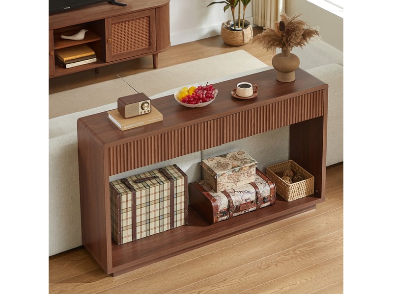  Console d’entrée 150x35x85 cm à deux tiroirs et niche ouverte, panneau de particules, mdf, noyer  - Conforama B