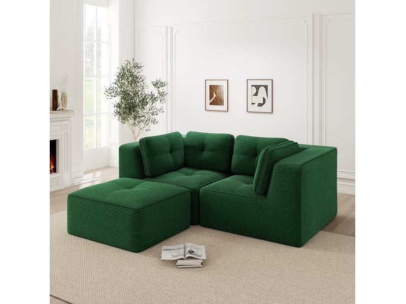  Canapé d’angle modulable 2 places en velours côtelé vert avec repose-pieds mobile  - Conforama C