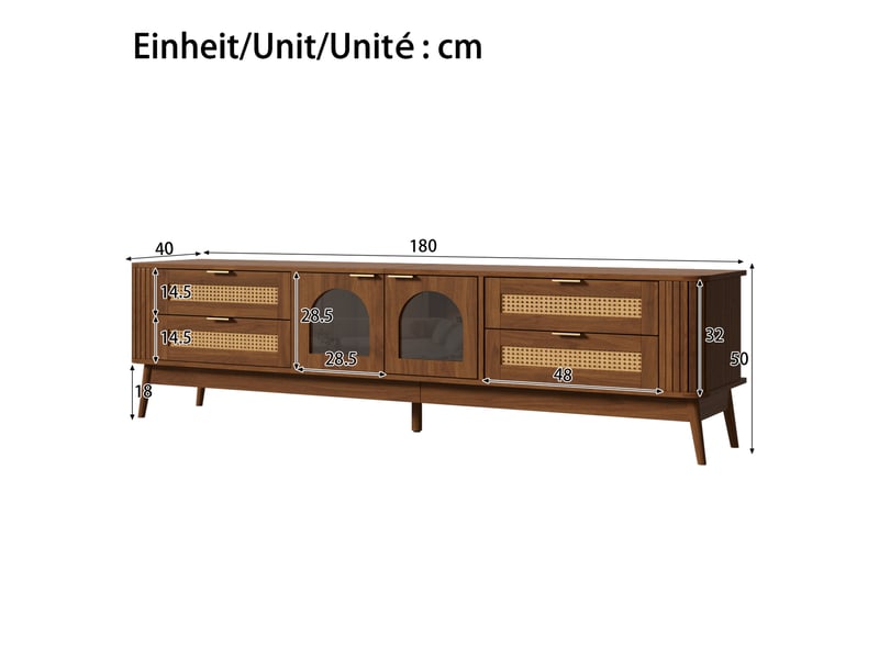 Meuble tv 4 tiroirs, 2 portes en verre de sécurité, led contrôlée par application, noyer 180 × 40 × 50 cm - Conforama C