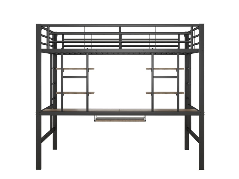 Lit mezzanine double 140×200 cm, bureau, 2 étagères et échelle - sans matelas, métal noir - Conforama E