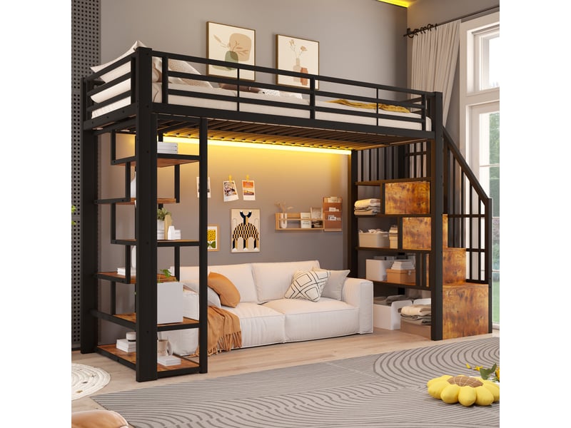  Lit mezzanine, 90 x 200 cm, avec rangement, led, revêtu de tissu effet lin, noir 252x95x170cm - Conforama B