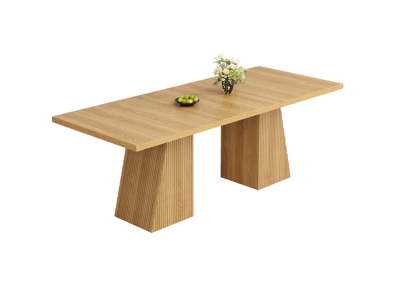 Table de salle à manger extensible 120160x80x76 cm pour 4 à 6 personnes, pieds trapézoïdaux, structure rainurée, patins antidérapants - chêne clair  - Conforama A