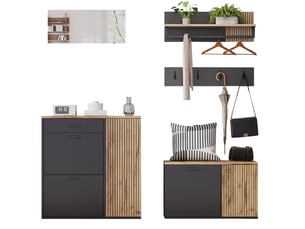 Ensemble d'entrée 5 pièces 85x36x85 cm + 80x36x48 cm, meuble à chaussures, banc et miroir, aggloméré, naturel et noir