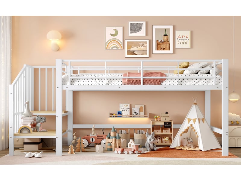  Lit superposé mi haut 90x200 cm blanc mdf métal avec escalier de rangement et sommier à lattes Sol Morn - Conforama D