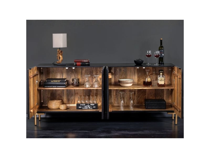  Buffet mahara 160 cm en bois de manguier massif – 4 portes sculptées noir, marron et doré  - Conforama D