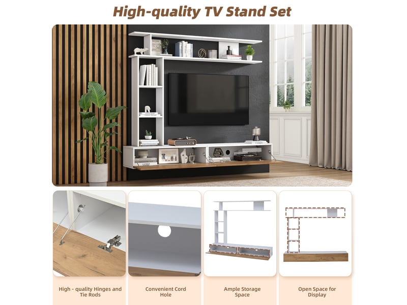  Ensemble mural tv 180x35x22,5 cm, 2 portes de rangement, pose murale ou au sol, panneau de particules, blanc et bois  - Conforama E