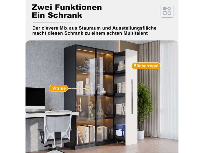  Armoire multifonction noir et blanc, vitrine en verre avec éclairage led, bibliothèque moderne pour salon, 110,5x35x160 cm.  - Conforama W