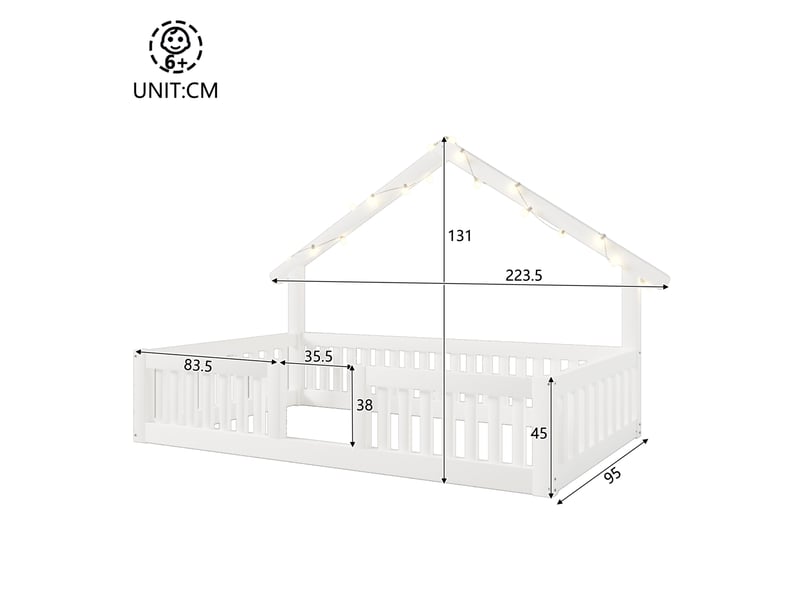  Lit cabane enfant 90 × 200 cm 1 place avec barrières de sécurité et éclairage led, sans matelas, en bois, blanc  - Conforama D