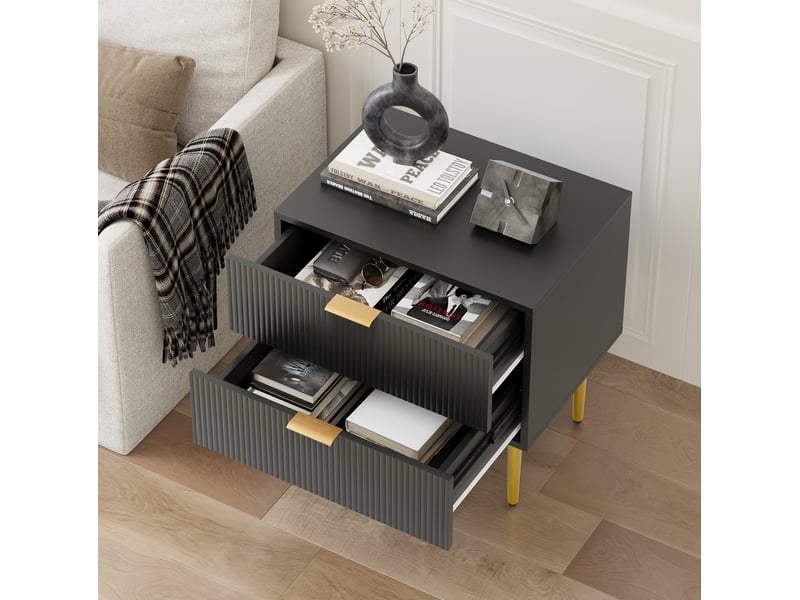  Table de chevet 53x41,5x52,5 cm, 2 tiroirs, motif ondulé moderne, meuble de chambre, pieds métal, rangement, mdf noir  - Conforama E