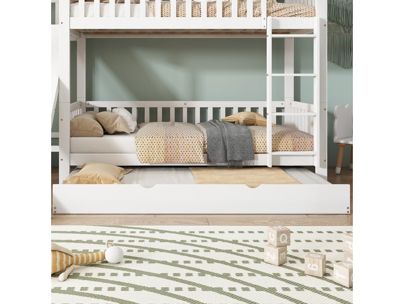 Lit superposé enfant 90x200 cm avec lit gigogne 90x190 cm, toboggan, blanc - Conforama D