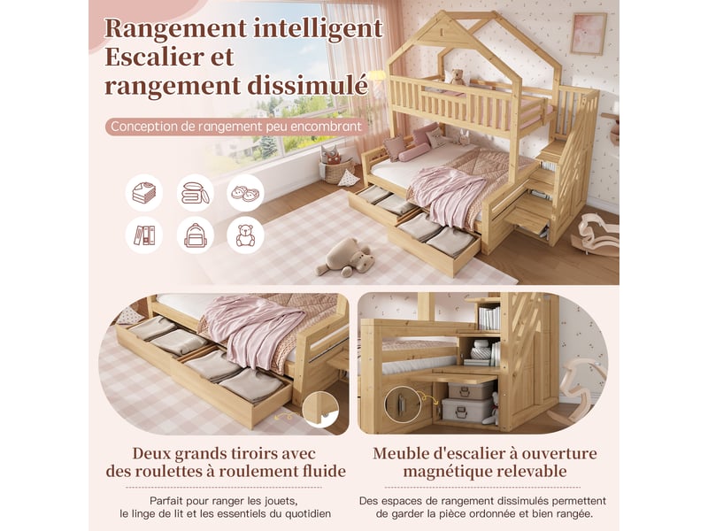  Lit superposé enfant 90x200 et 140x200 cm, lit familial en bois avec escalier de rangement, tiroirs et design maison - chêne  - Conforama E
