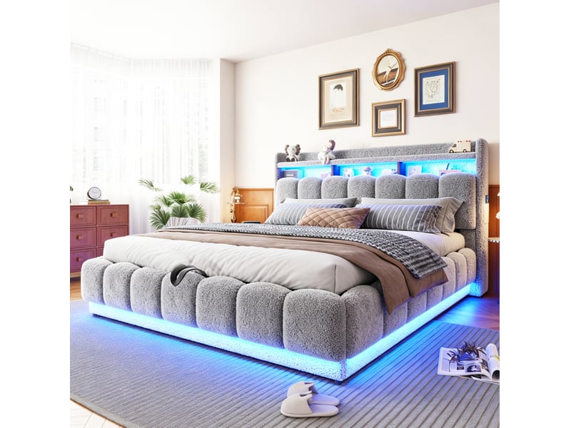  Lit double 180 × 200 cm avec coffre hydraulique, led, usb et prise, en tissu bouclé gris pour chambre  - Conforama B