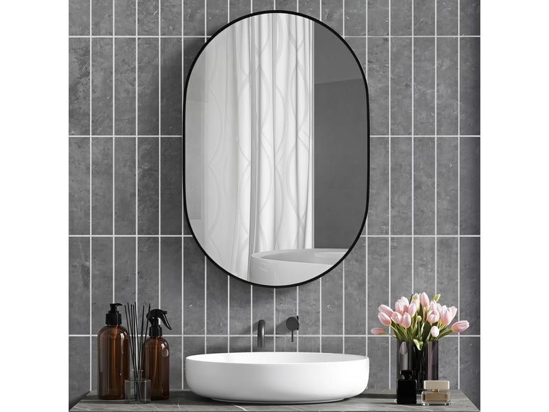  Miroir de salle de bain ovale mural avec cadre en aluminium, vertical ou horizontal, 60 x 90 cm, noir  - Conforama D