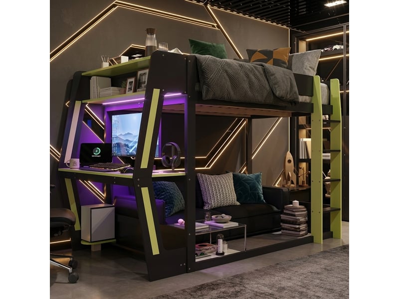  Lit mezzanine gaming 120 x 200 cm avec bureau intégré, espace inférieur modulable et éclairage led, noir et vert  - Conforama D