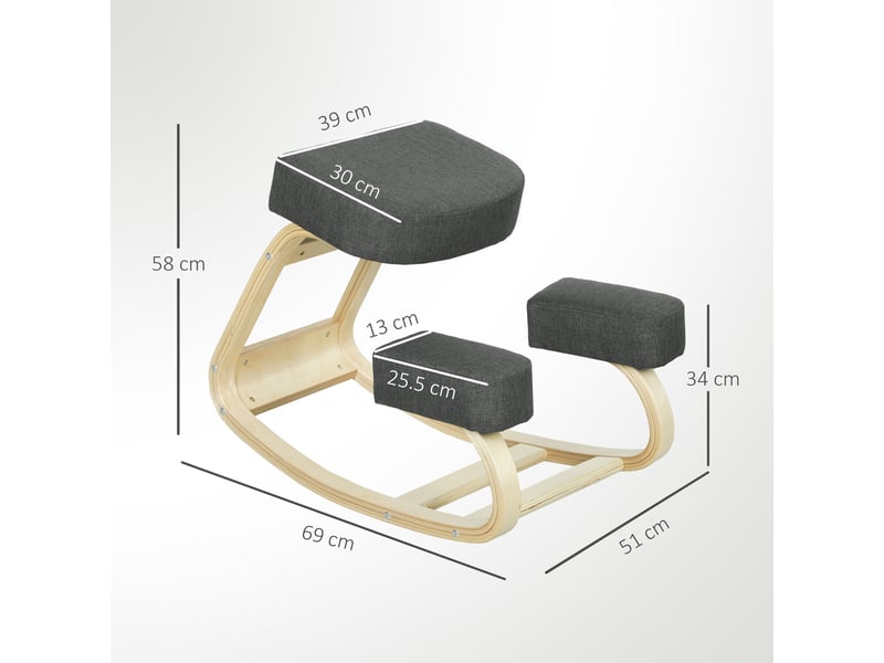  Chaise ergonomique à genoux en bois de bouleau avec coussin, 51 x 69 x 58 cm, grise  - Conforama E