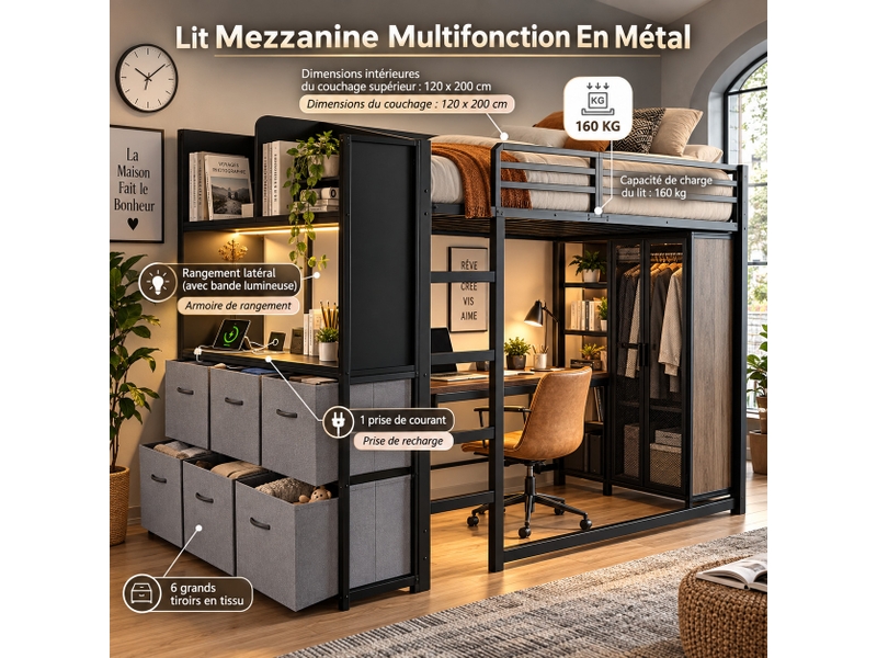  Lit mezzanine 120x200 cm avec échelle, rangements latéraux, éclairage led et station de charge - noir  - Conforama B