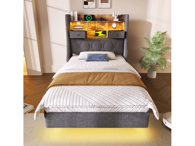 Lit enfant 90x200 cm led multicolore, prises usb type‑c, tête rangement avec poches, revêtement lin gris, sans matelas - Conforama D