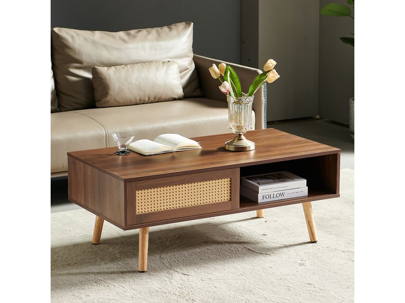  Table basse avec porte coulissante et rangement - lpospi - pieds en bois massif, mdf effet rotin marron  - Conforama B