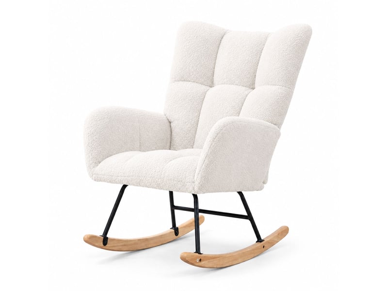  Fauteuil à bascule teddy blanc, fauteuil rocking‑chair ergonomique avec dossier haut et accoudoirs rembourrés, base en bois massif, chaise de relaxation pour salon, chambre et chambre bébé  - Conforama A