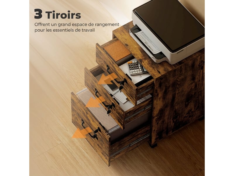  Caisson de bureau sur roulettes 3 tiroirs verrouillables marron 40 x 40 x 69,5 cm  - Conforama D