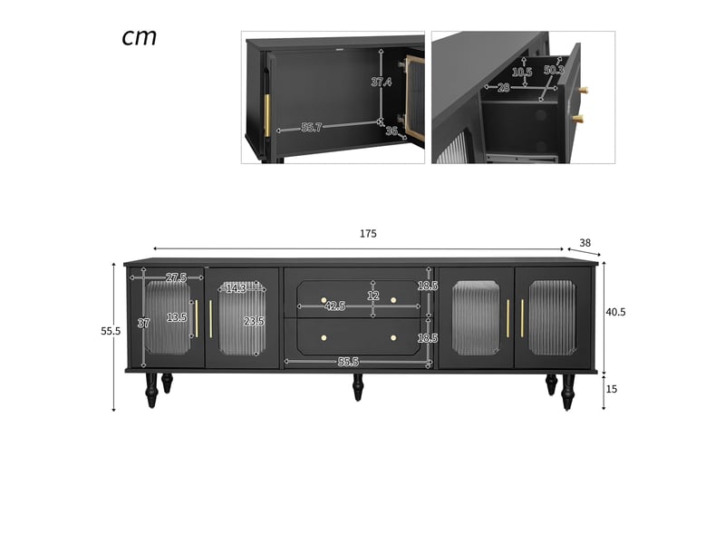  Meuble tv bas noir 175 x 38 x 55,5 cm, 4 portes en verre strié et tiroirs  - Conforama C
