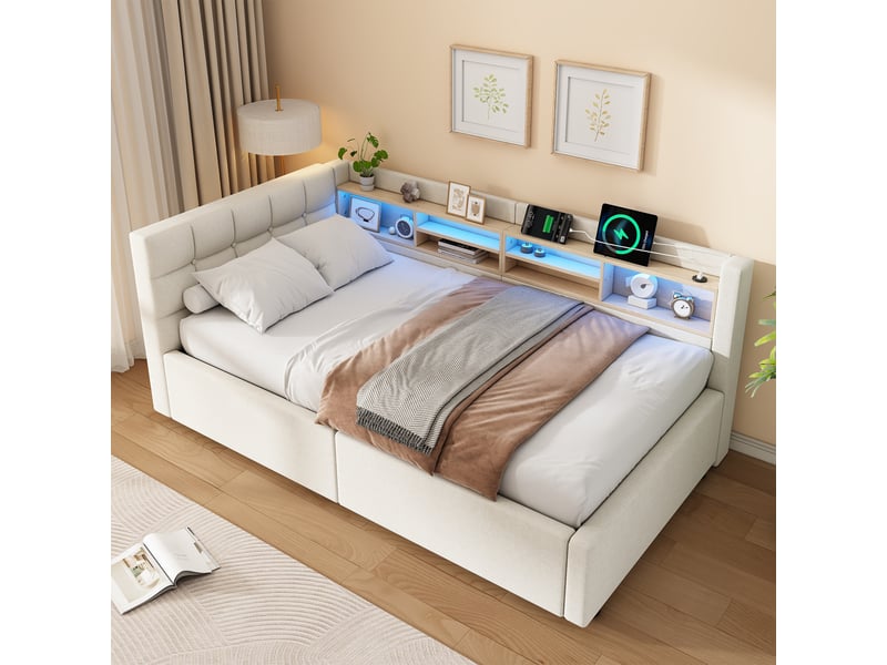  Lit banquette 90x200cm beige, relevage hydraulique, led réglable, étagère pratique, port usb, sans matelas  - Conforama C
