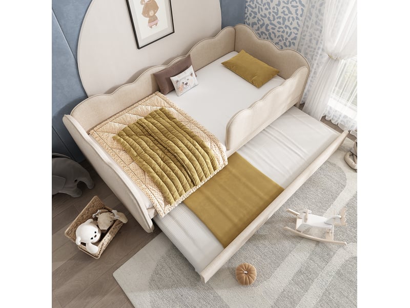  Modenvie lit gigogne enfant 90x190 cm - avec lit gigogne, dossier rembourré, sans matelas - beige  - Conforama D