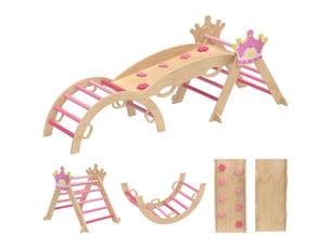 Structure d’escalade enfant 8 en 1 en bois, design princesse, toboggan, rampe et arche, intérieur