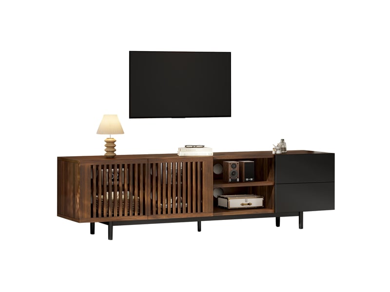  Meuble tv 160x38x50 cm – noir et couleur bois – 2 tiroirs, rangements ouverts et portes à lamelles  - Conforama A