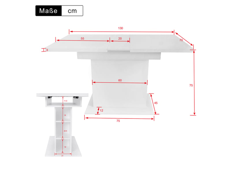 Table à manger extensible 110130 x 70 x 75 cm avec rangement ouvert, rectangulaire pour 4 à 6 personnes, blanc - Conforama C