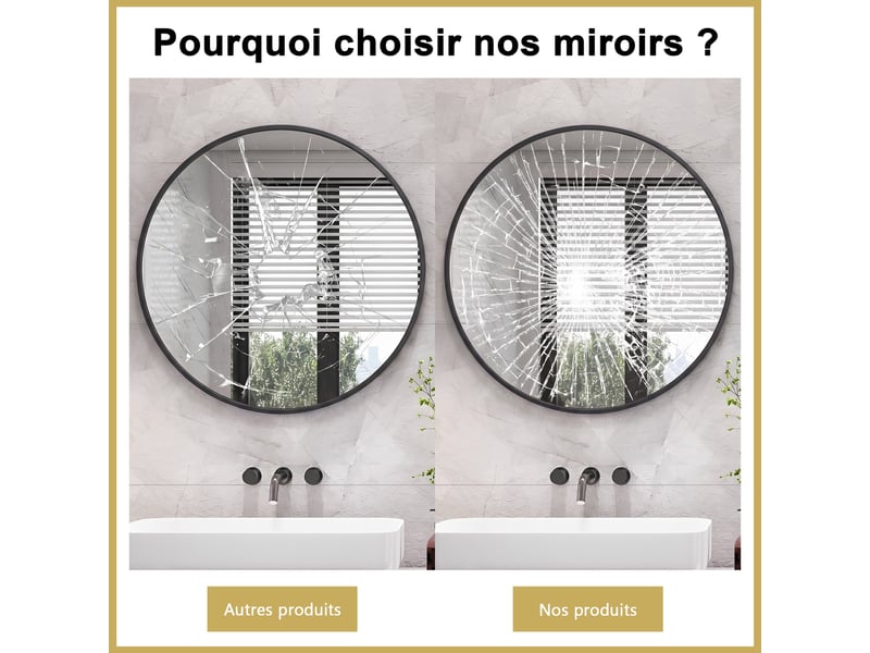  Miroir rond mural 75cm - miroir salle de bain en verre trempé incassable avec cadre aluminium - noir  - Conforama D