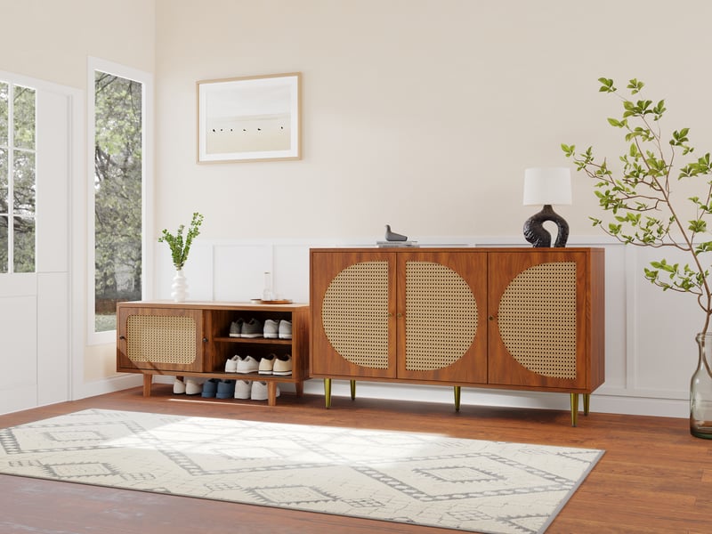  Ensemble buffet en rotin et meuble à chaussures, rangement couleur noyer pour salon  - Conforama B
