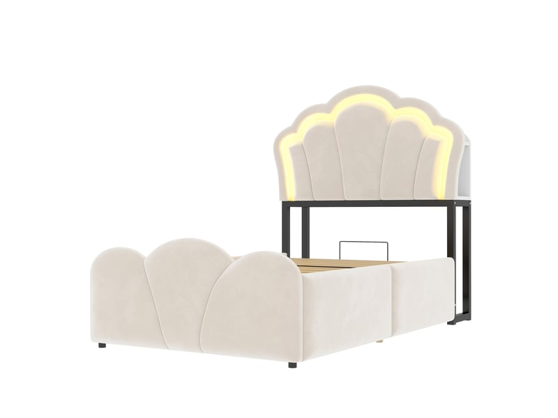  Lit d'enfant 90 × 200 cm, avec éclairage led, rangements intégrés, prises électriques intégrées, revêtement en velours,beige  - Conforama E