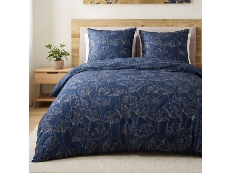  Parure housse de couette 240x220cm + 2 taies motif feuillage ginko bleu et beige 100% microfibre - valfor VALFOR - Conforama C