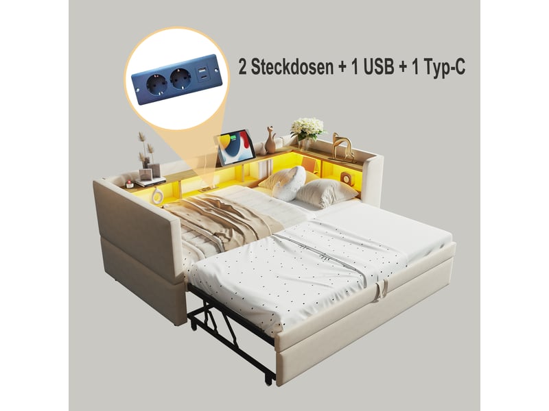  Lit canapé capitonné 90180*190cm, couchage extractible, éclairage led, prises et compartiments, flanelle beige  - Conforama D
