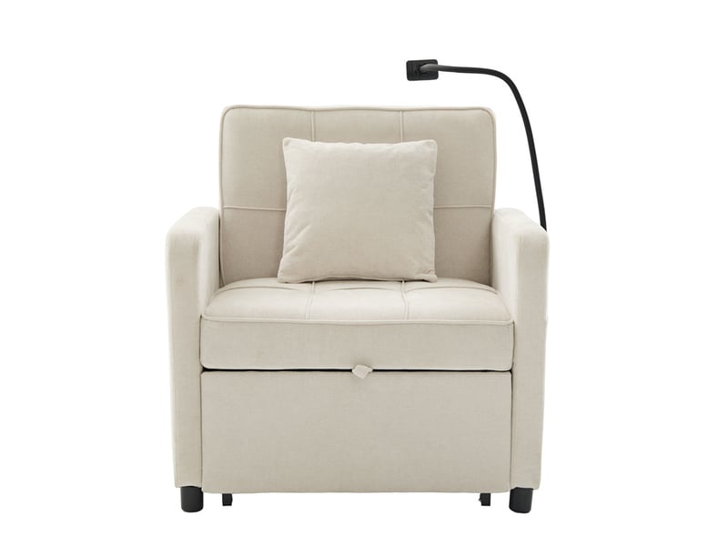  Fauteuil-lit 2-en-1 beige en chenille avec coussin, tablette et poches latérales  - Conforama A