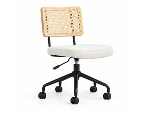 Chaise de bureau vintage en rotin avec roulettes — tissu chenille ivoire, réglable et pivotante