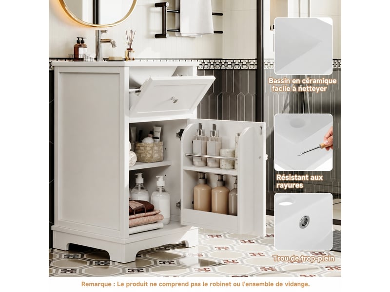  Meuble vasque blanc 51 cm en mdf laqué avec vasque en céramique intégrée  - Conforama D