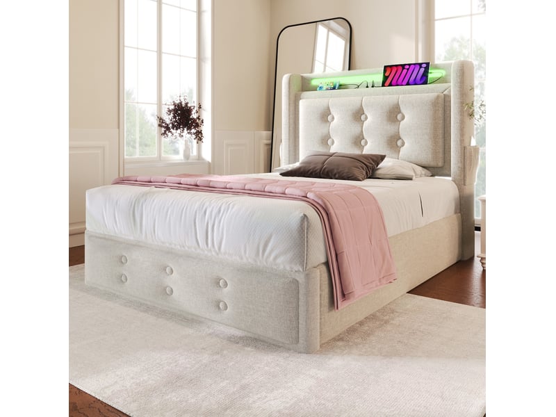 Lit rembourré 90 × 200 cm 1 place avec coffre, led réglable, usb et type-c, matelas inclus, beige  - Conforama B