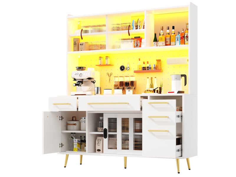  Meuble buffet rangement cuisine led portes coulissantes tiroirs 145 cm blanc verre homvra  - Conforama A