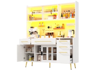 Meuble buffet rangement cuisine led portes coulissantes tiroirs 145 cm blanc verre homvra