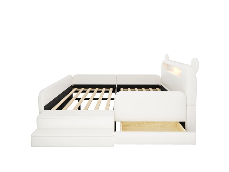 Lit enfant rembourré 140 x 200 cm avec tête de lit ours, veilleuse, port usb, rangement intégré et assise à marche, revêtement simili cuir blanc, pour aménagement intérieur moderne OPULERANE TRADING LTD - Conforama C