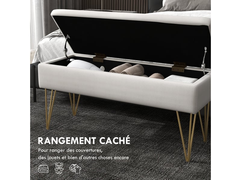  Banc banquette coffre de rangement 2 en 1 en tissu avec pieds épingle en acier doré crème 100 x 40 x 49 cm  - Conforama E