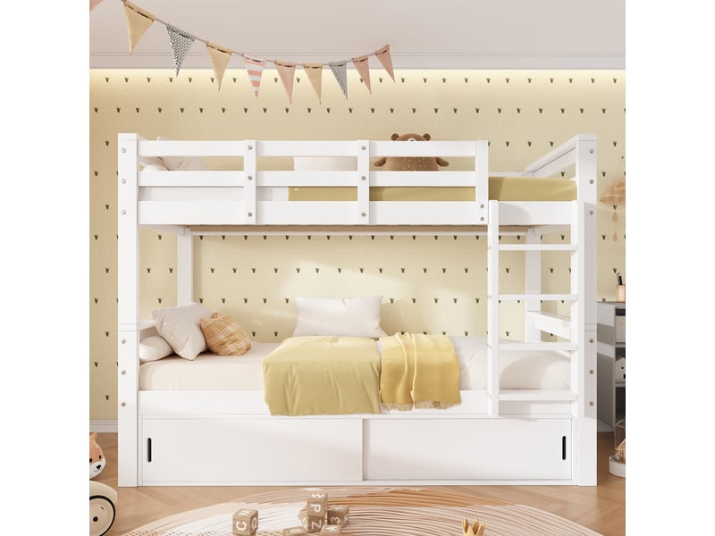  Lit superposé enfant 90x200 cm, 2 couchages, séparable en 2 lits simples, rangement à portes coulissantes, garde-corps, échelle, pin et mdf, blanc  - Conforama B