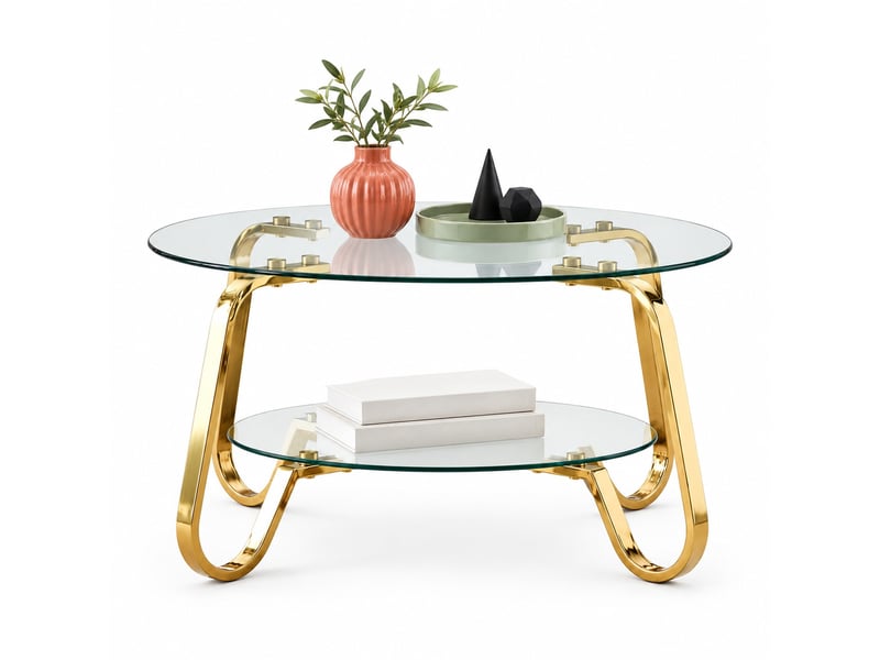  Table basse à deux niveaux avec rangement pour salon en métal et verre, finition dorée  - Conforama A