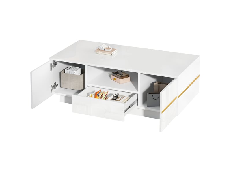 Table basse avec led et rangement 100x50x35.5 cm en mdf blanche et dorée  - Conforama A