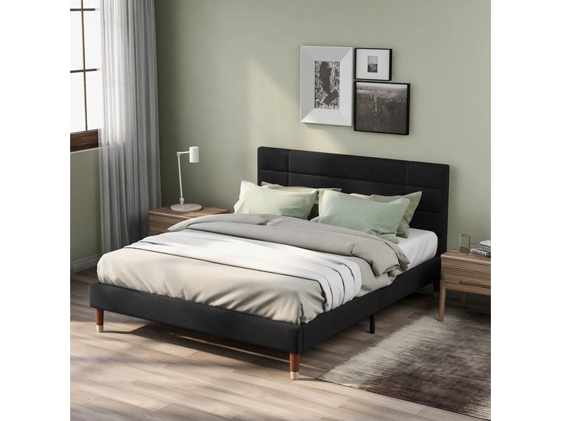  Lit double 140x200 cm en lin noir – sommier et matelas à ressorts  - Conforama E