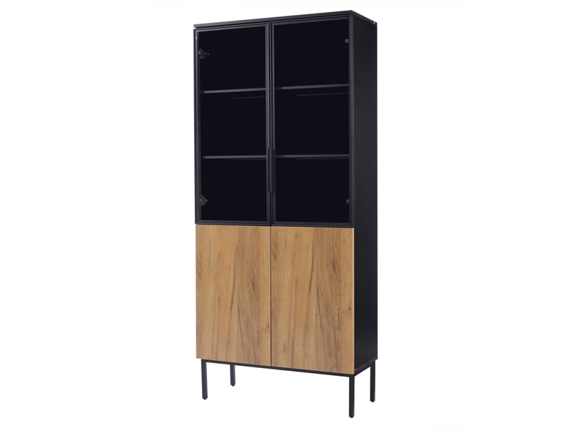Vitrine noir et chêne 180 cm avec portes en verre, éclairage led et 5 étagères pour collections - Conforama D